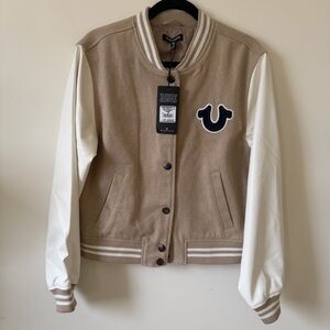 True Religion Tan and White Varsity Bomber Jacket Size M NWT